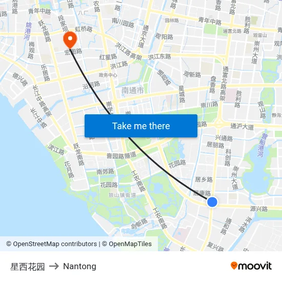 Xingxi Garden to Nantong map
