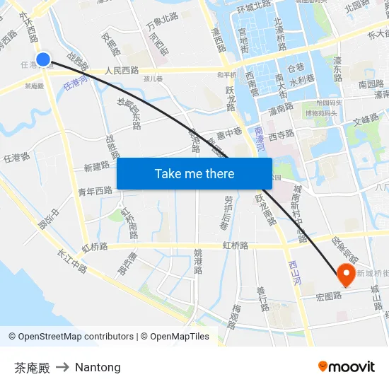 Chaan Temple to Nantong map