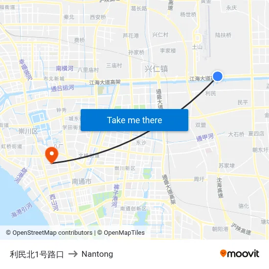 Limin North 1st Road Intersection to Nantong map