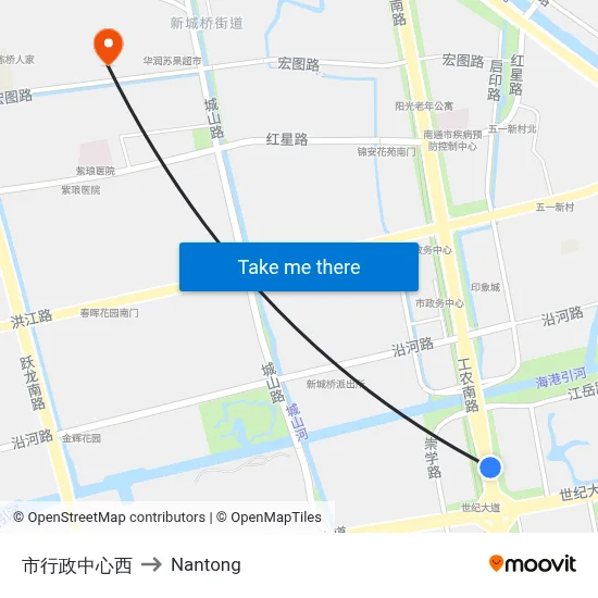 Administrative Center West to Nantong map