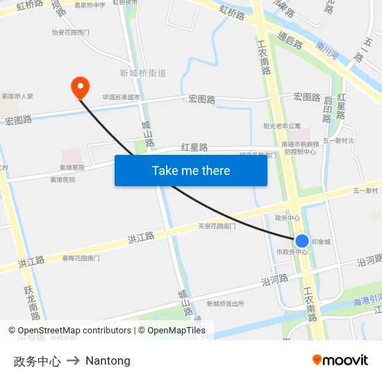 Government Service Center to Nantong map