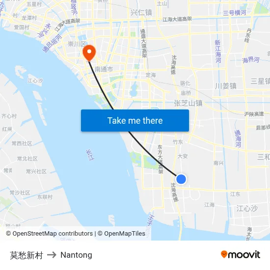 Mochou New Village to Nantong map
