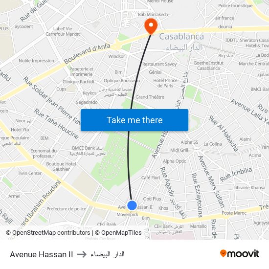 Avenue Hassan II to الدار البيضاء map