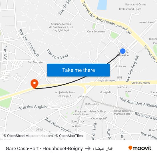 Gare Casa-Port - Houphouët-Boigny to الدار البيضاء map