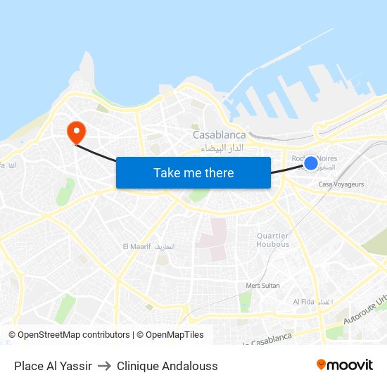 Place Al Yassir to Clinique Andalouss map