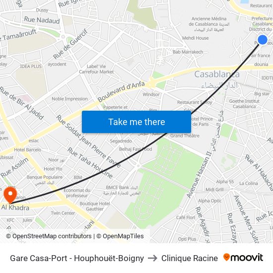 Gare Casa-Port - Houphouët-Boigny to Clinique Racine map