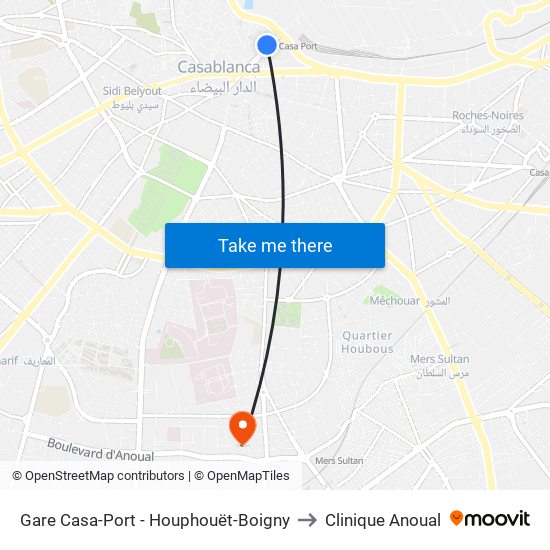 Gare Casa-Port - Houphouët-Boigny to Clinique Anoual map
