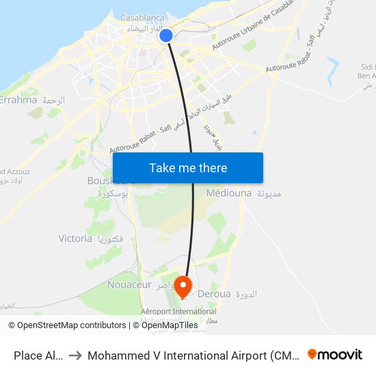 Place Al Yassir to Mohammed V International Airport (CMN) (مطار محمد الخامس الدولي) map