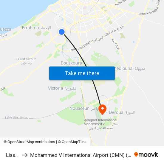 Lissasfa to Mohammed V International Airport (CMN) (مطار محمد الخامس الدولي) map