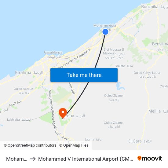 Mohammédia to Mohammed V International Airport (CMN) (مطار محمد الخامس الدولي) map