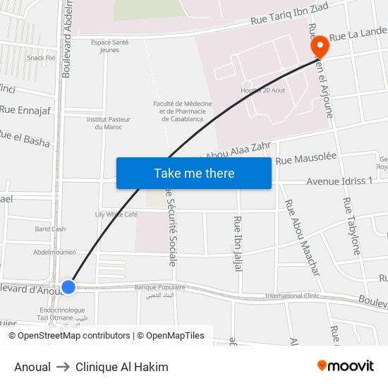 Anoual to Clinique Al Hakim map