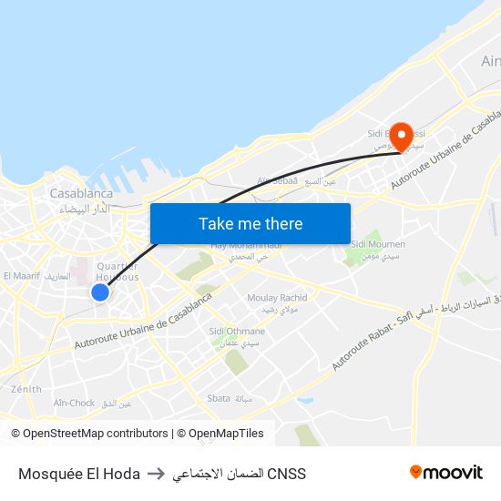 Mosquée El Hoda to الضمان الاجتماعي CNSS map