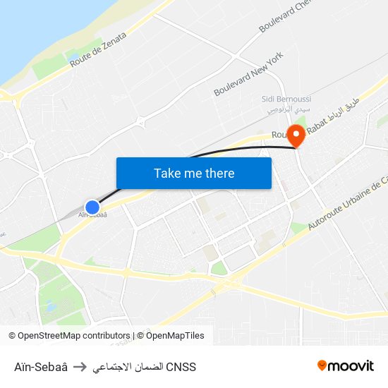Aïn-Sebaâ to الضمان الاجتماعي CNSS map