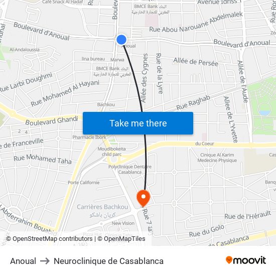 Anoual to Neuroclinique de Casablanca map