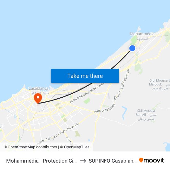Mohammédia - Protection Civile to SUPINFO Casablanca map