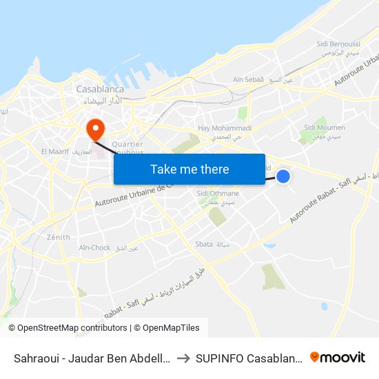 Sahraoui - Jaudar Ben Abdellah to SUPINFO Casablanca map