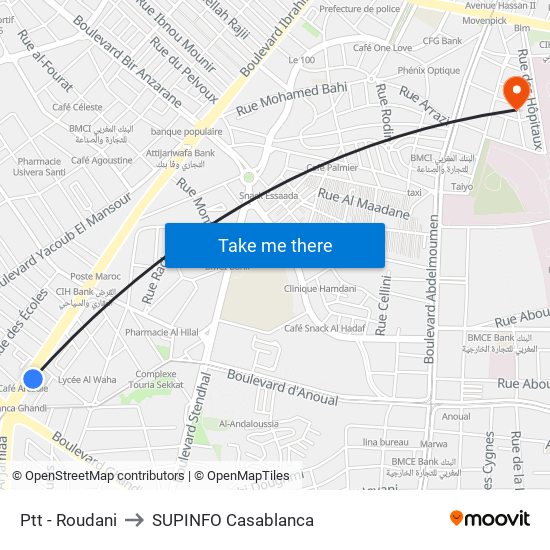 Ptt - Roudani to SUPINFO Casablanca map