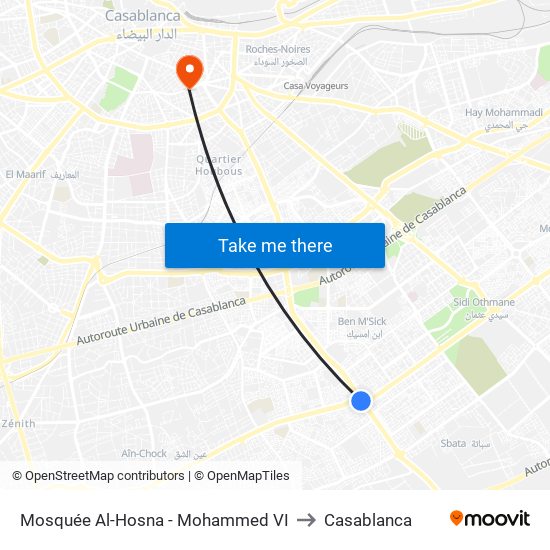 Mosquée Al-Hosna - Mohammed VI to Casablanca map