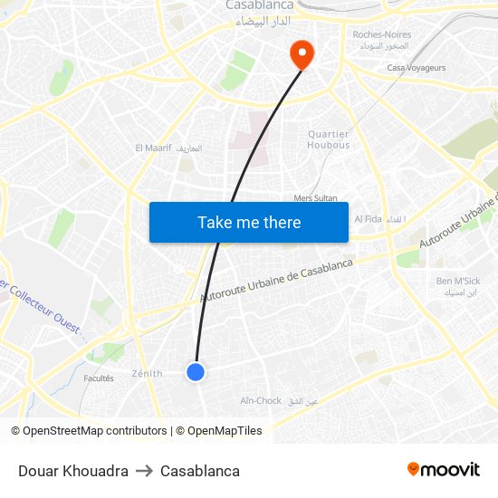 Douar Khouadra to Casablanca map