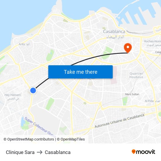 Clinique Sara to Casablanca map