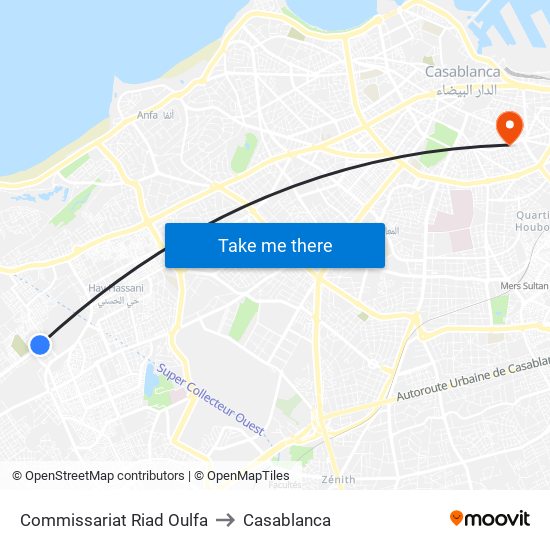 Commissariat Riad Oulfa to Casablanca map