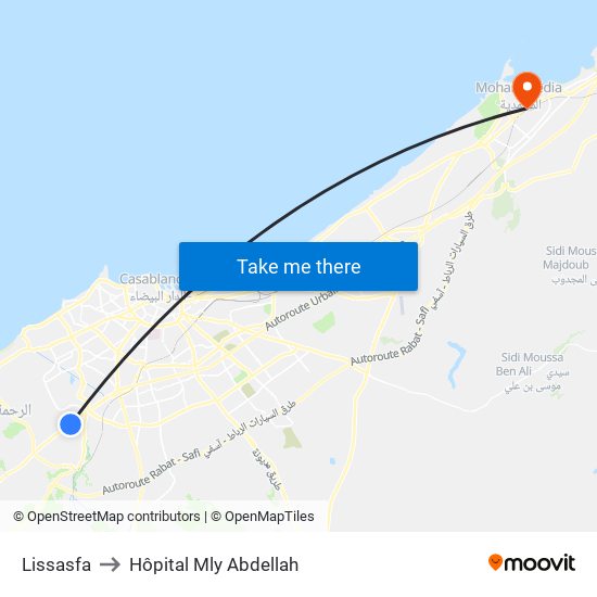 Lissasfa to Hôpital Mly Abdellah map