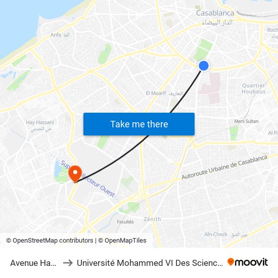 Avenue Hassan II to Université Mohammed VI Des Sciences De La Santé map