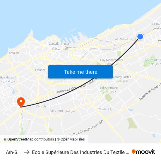 Aïn-Sebaâ to Ecole Supérieure Des Industries Du Textile Et De L'Habiillement map