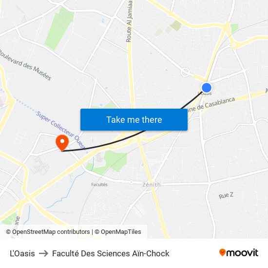 L'Oasis to Faculté Des Sciences Aïn-Chock map
