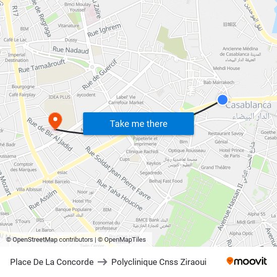 Place De La Concorde to Polyclinique Cnss Ziraoui map