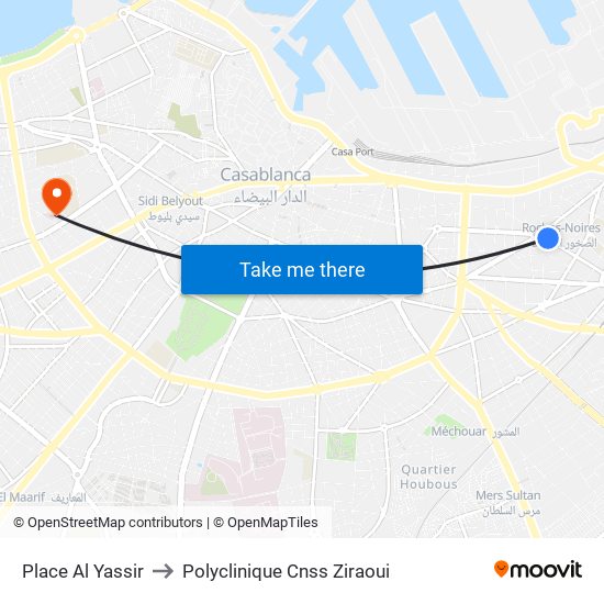 Place Al Yassir to Polyclinique Cnss Ziraoui map