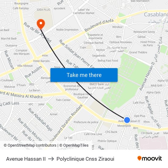 Avenue Hassan II to Polyclinique Cnss Ziraoui map