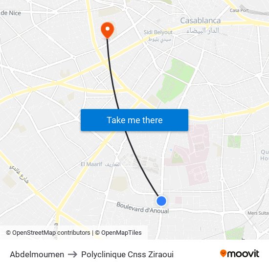 Abdelmoumen to Polyclinique Cnss Ziraoui map
