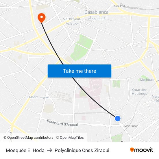 Mosquée El Hoda to Polyclinique Cnss Ziraoui map