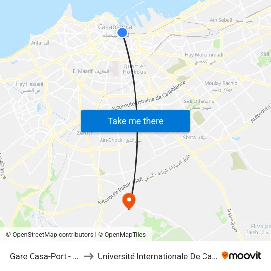 Gare Casa-Port - Houphouët-Boigny to Université Internationale De Casablanca الجامعة الدولية للدار البيضاء map