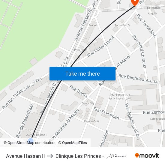 Avenue Hassan II to Clinique Les Princes مصحة الأمراء map