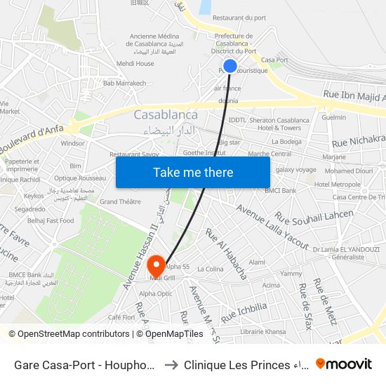 Gare Casa-Port - Houphouët-Boigny to Clinique Les Princes مصحة الأمراء map