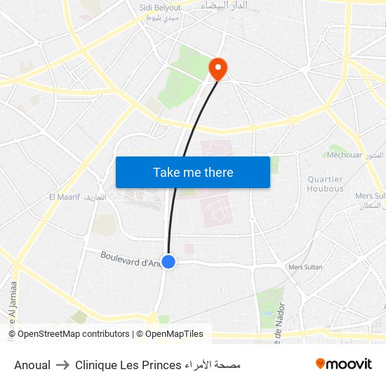 Anoual to Clinique Les Princes مصحة الأمراء map