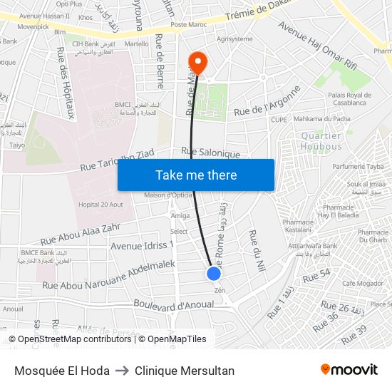 Mosquée El Hoda to Clinique Mersultan map