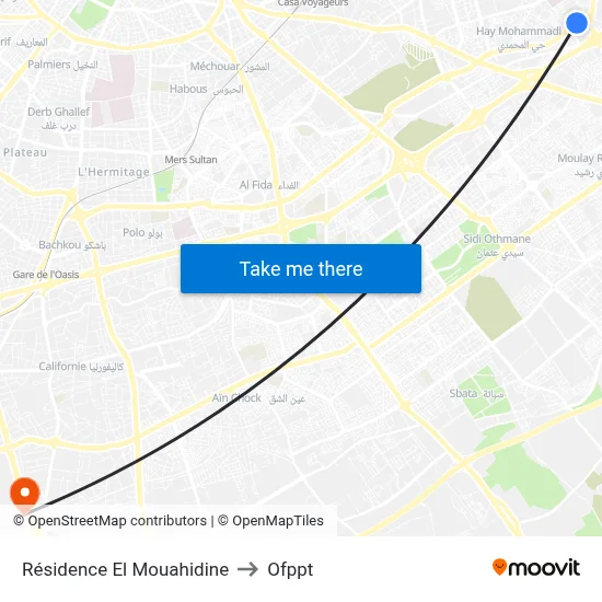 El Mouahidine Residence to OFPPT map