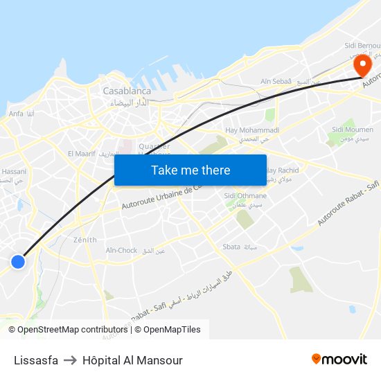 Lissasfa to Hôpital Al Mansour map
