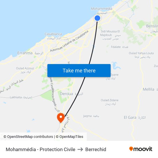 Mohammédia - Protection Civile to Berrechid map