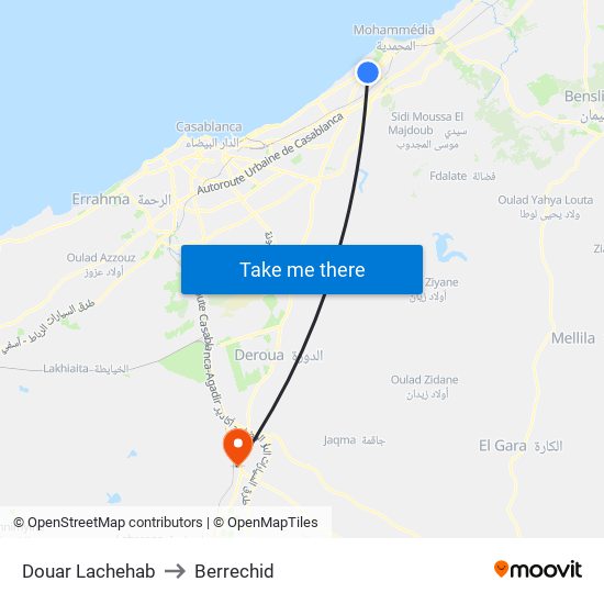 Douar Lachehab to Berrechid map