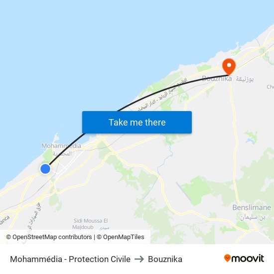Mohammédia - Protection Civile to Bouznika map