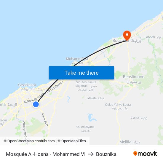 Mosquée Al-Hosna - Mohammed VI to Bouznika map