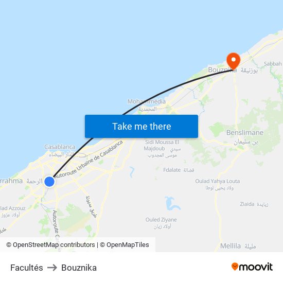 Facultés to Bouznika map