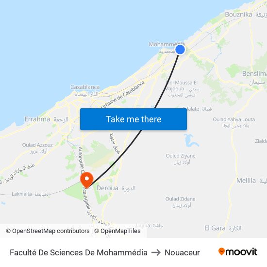 Faculté De Sciences De Mohammédia to Nouaceur map