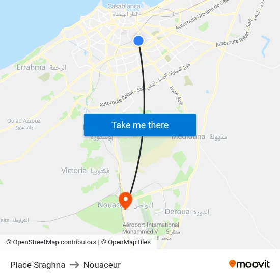 Place Sraghna to Nouaceur map