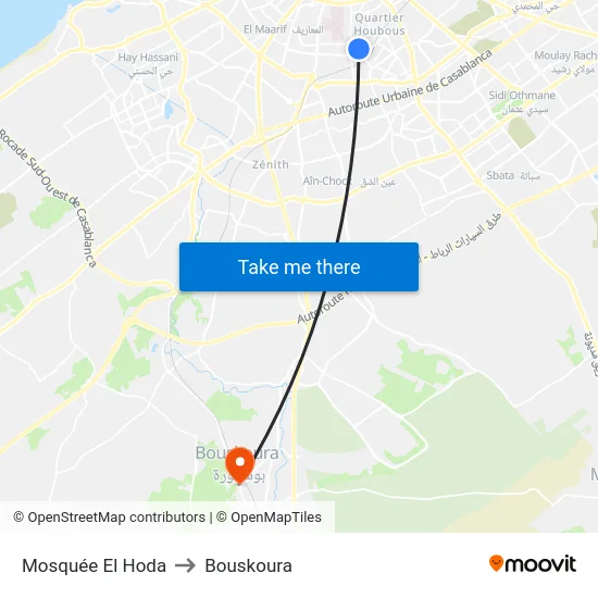 Mosquée El Hoda to Bouskoura map