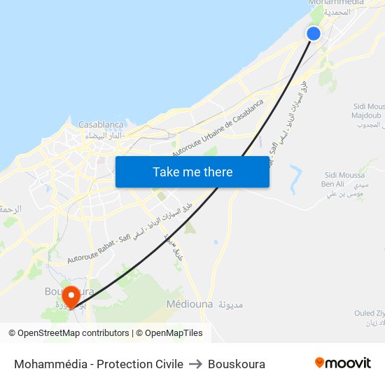 Mohammédia - Protection Civile to Bouskoura map